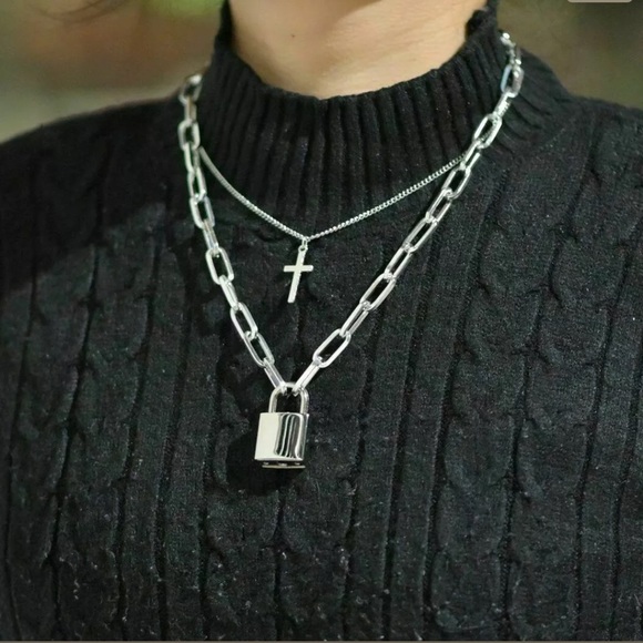 Silver Multilayer Padlock & Cross Chain Necklace - Picture 3 of 8